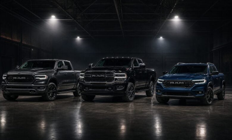 Pickups RAM en Argentina 2026: todos los modelos, versiones y precios Línea completa de pickups RAM: 1500, 2500 y Rampage en estudio con iluminación dramática
